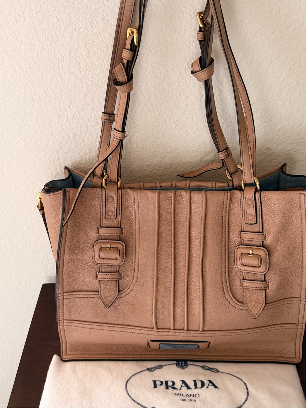 Prada Beige/Tan Leather Double-Handle Tote with Gold Hardware